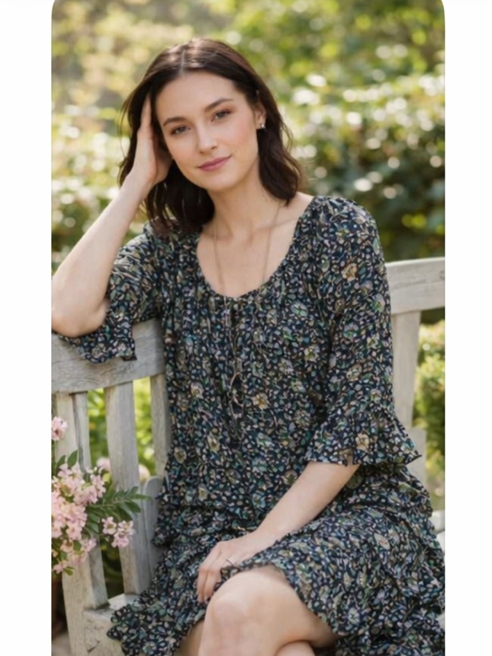 NWT Tory Burch Silk Dress Navy Soleil Ruffle Tiered Floral 3/4 Sleeve Size 8